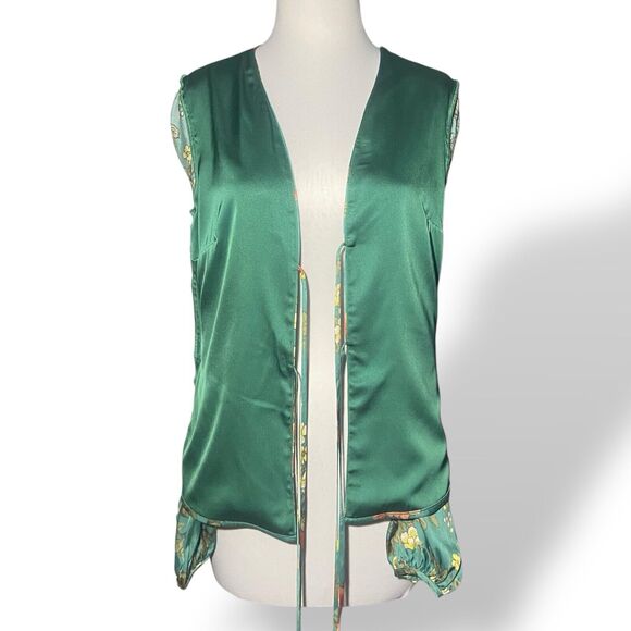 Majorelle Blouse Top Women Size S Green Floral Bird Print Long Sleeve Open Front - Picture 5 of 14